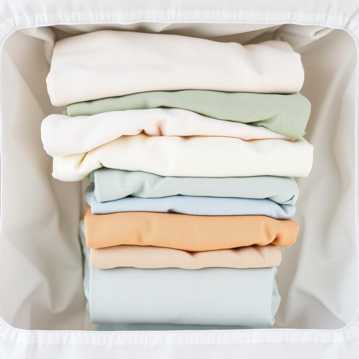 Folded garments in breathable storage bags, softly lit