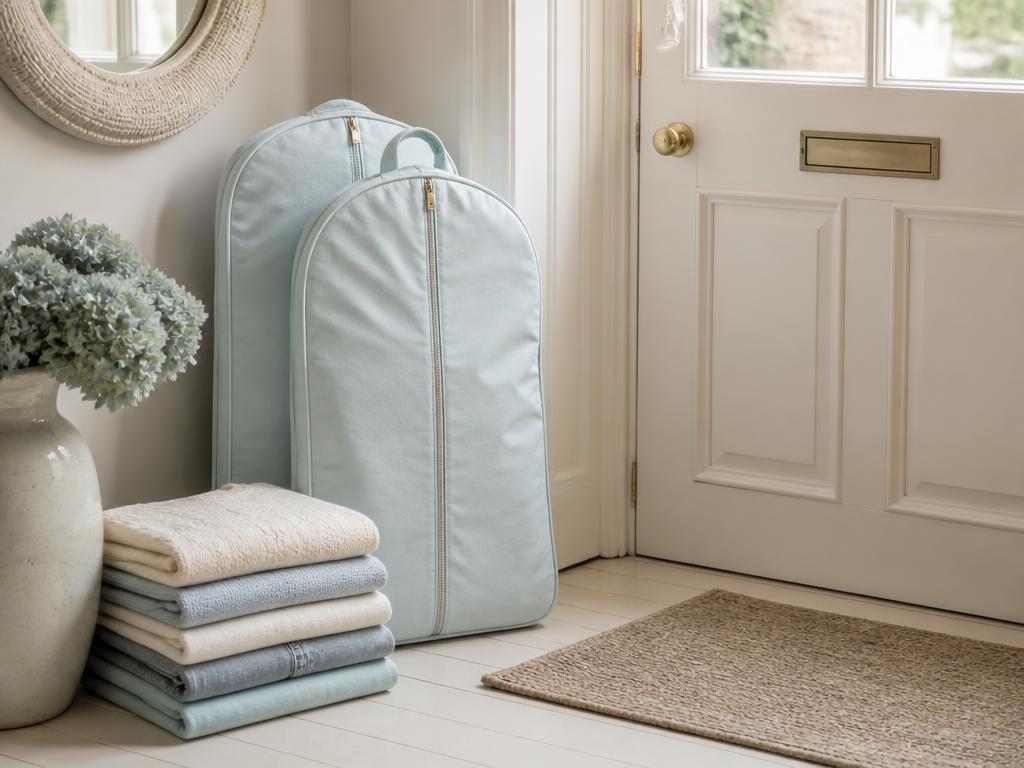Pale garment bags and folded clothing waiting by a front door