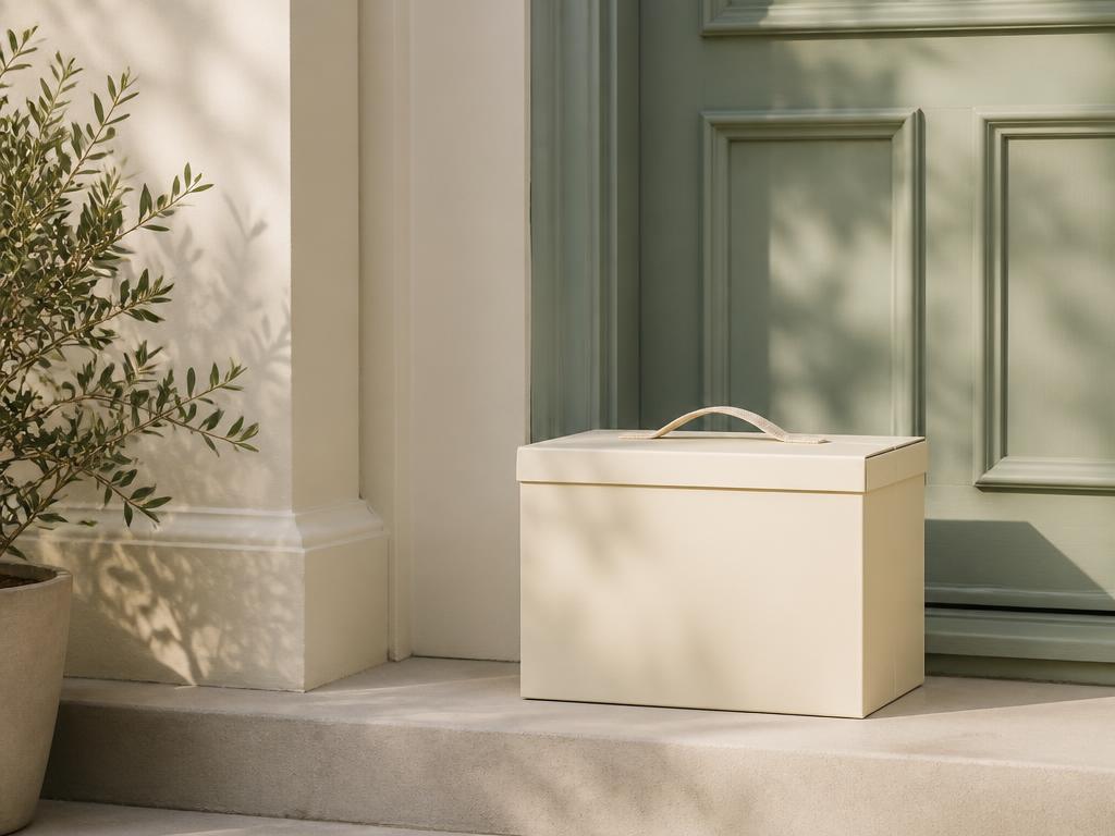 A cream garment box delivered on a sunlit doorstep