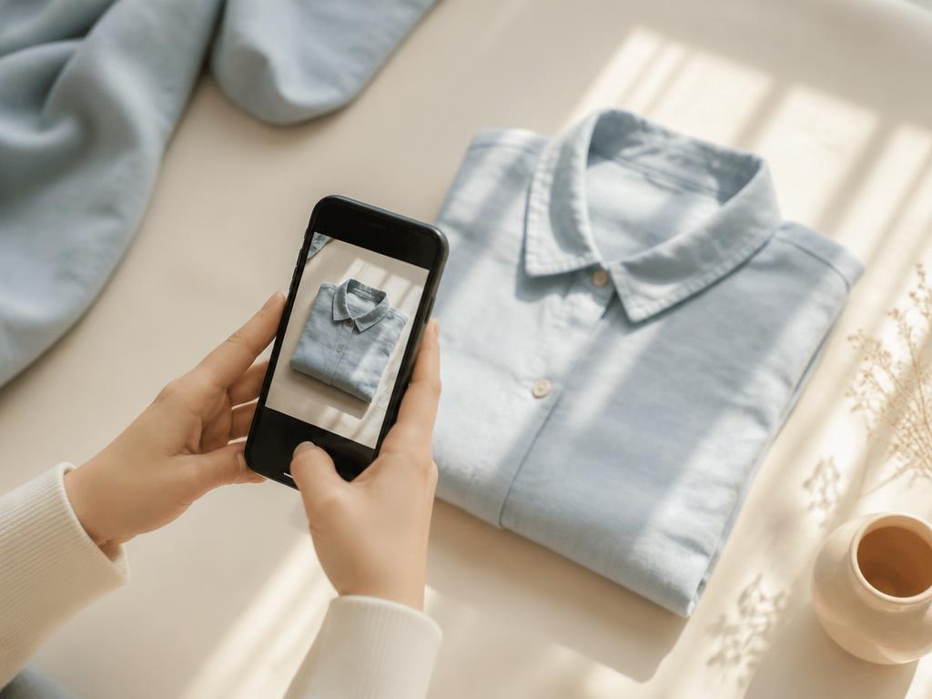 Hands photographing a folded linen shirt with a phone