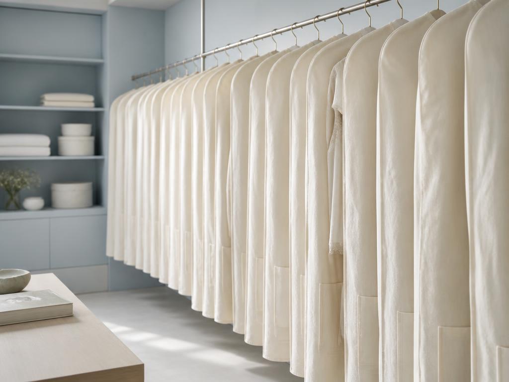 Rack of garments in breathable cream bags in a calm storage room