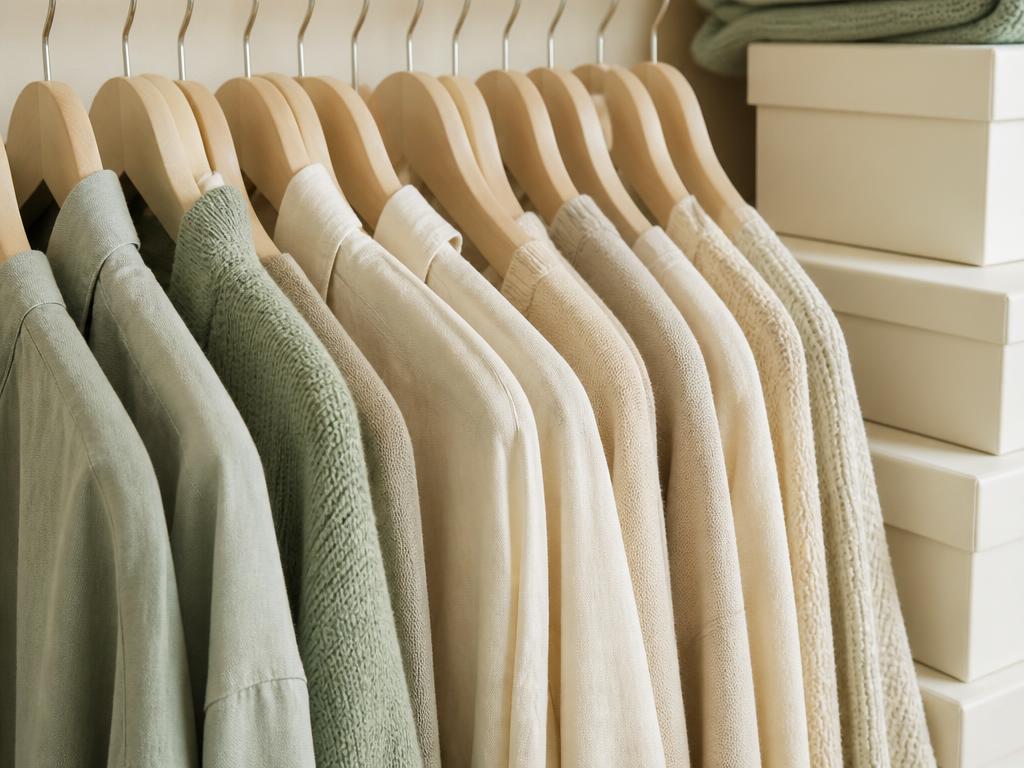 Linen and knitwear on wooden hangers beside acid-free boxes