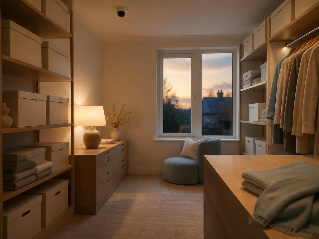 Warm, softly lit storage room with a discreet ceiling camera